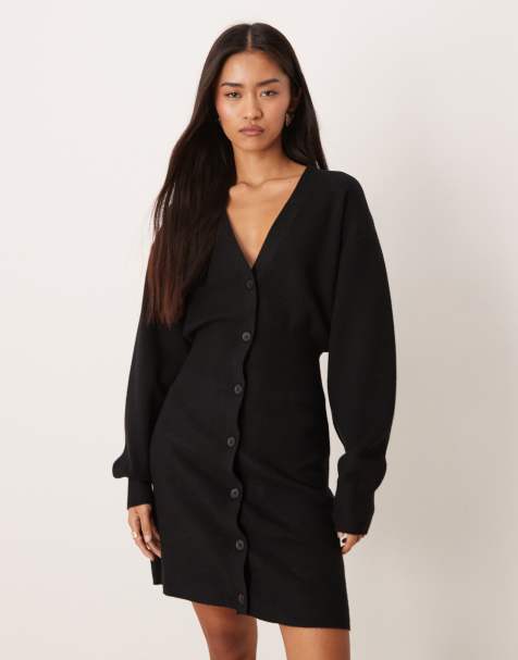 Gina Tricot long bell sleeve v neck mini knitted button dress in black - view 1