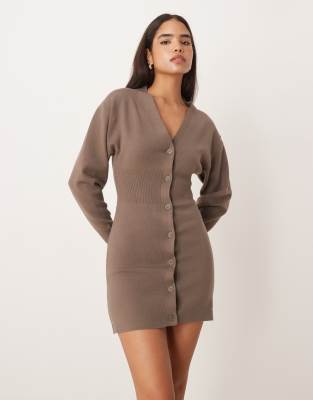 GINA TRICOT Gina Tricot long bell sleeve v neck mini knitted button dress in brown