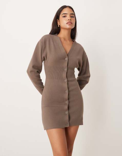 Gina Tricot long bell sleeve v neck mini knitted button dress in brown - view 1