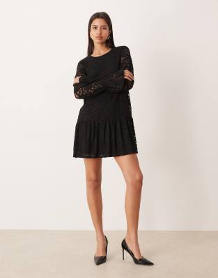 Gina Tricot Long Flute Sleeve Mini Lace Dress In Black