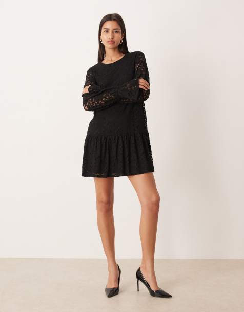 Gina Tricot long flute sleeve mini lace dress in black - view 1