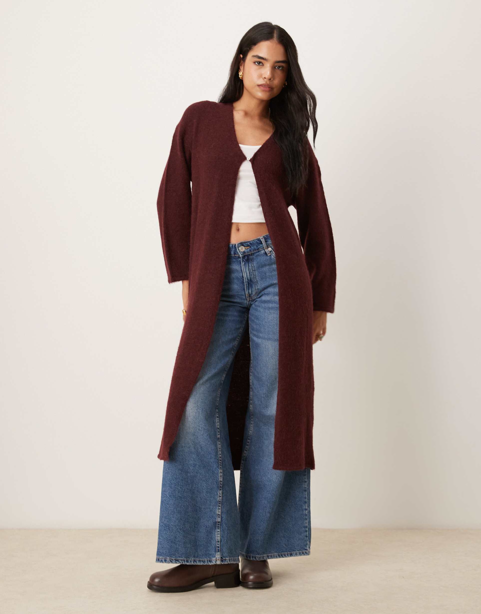 gina tricot long knit wool/alpaca cardigan in burgundy