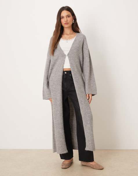 Gina Tricot long knit wool alpaca cardigan in mid gray melange - view 1