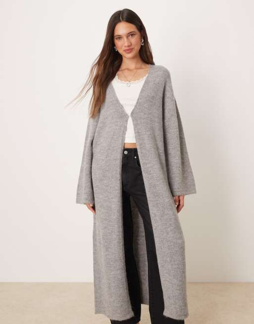 Gina Tricot long knit wool alpaca cardigan in mid gray melange