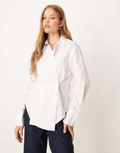 Gina Tricot long sleeve asymmetric poplin shirt in white - view 1