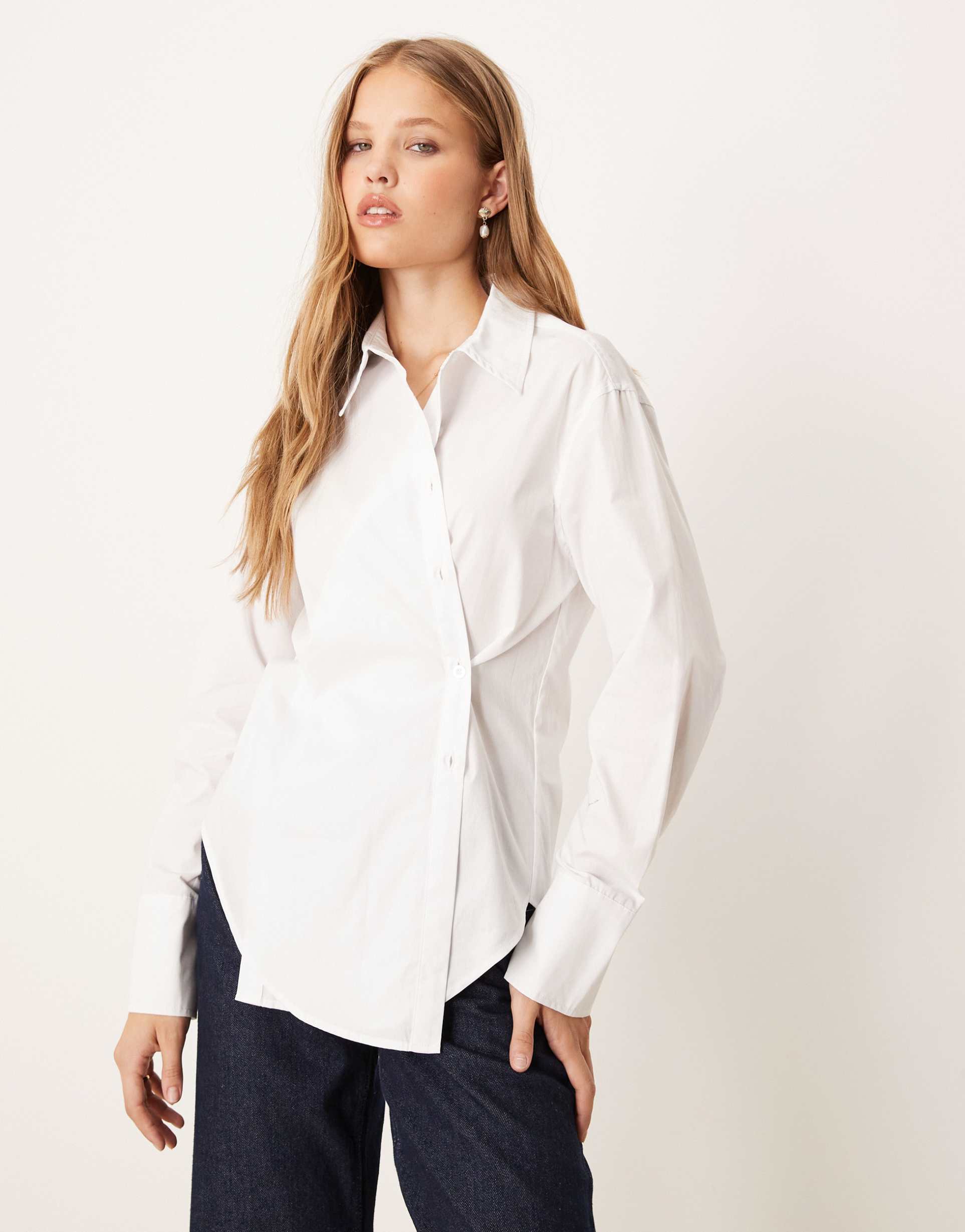 gina tricot long sleeve asymmetric poplin shirt in white