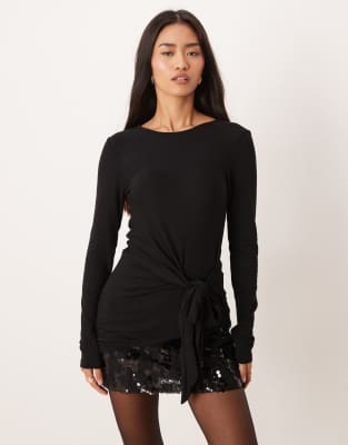 Gina Tricot Long Sleeve Asymmetric Tie Front Top In Multi