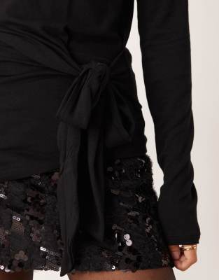 Gina Tricot Long Sleeve Asymmetric Tie Front Top In Multi