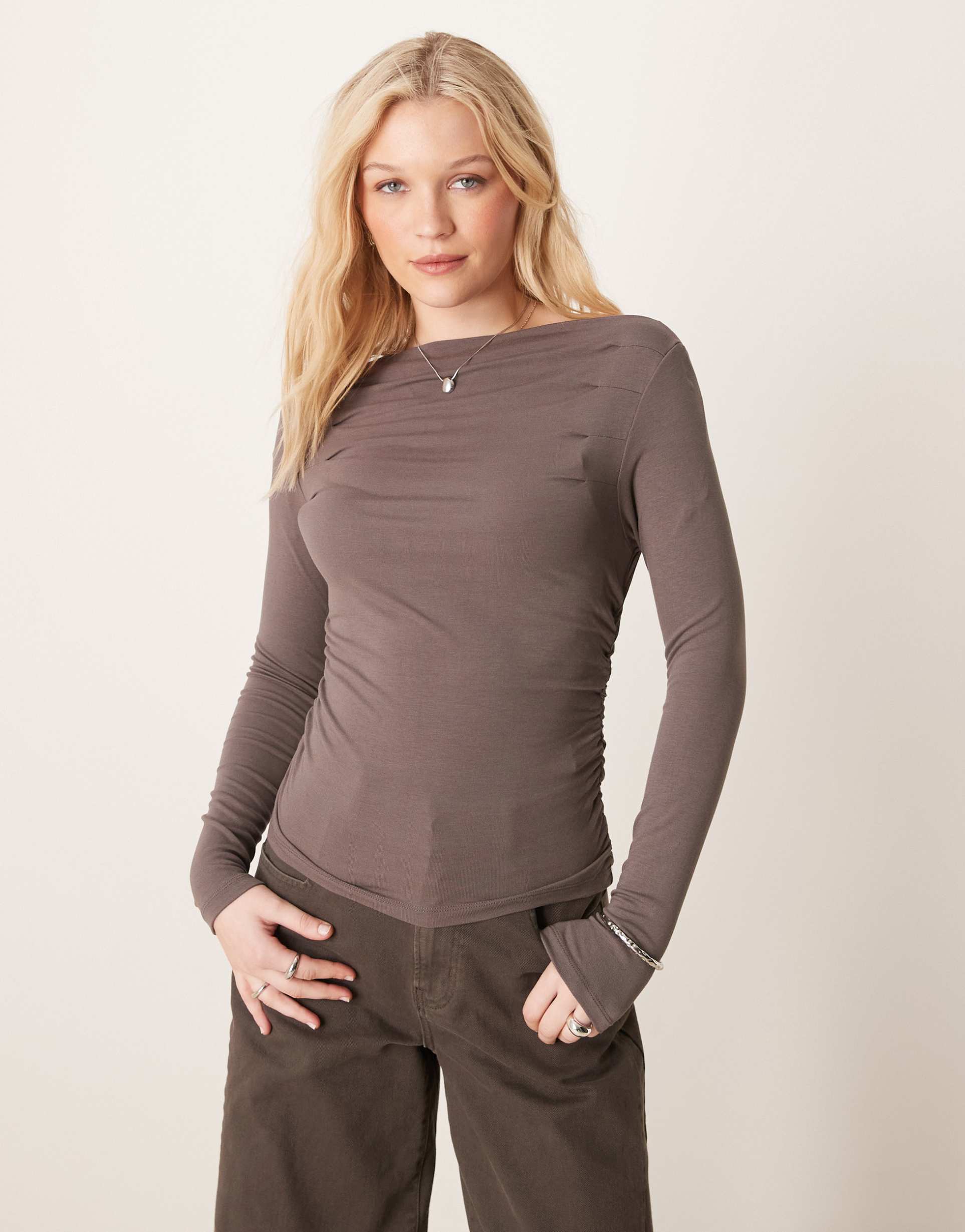 gina tricot long sleeve boat neck ruched top in light brown
