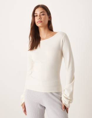 Gina Tricot Long Sleeve Boatneck Fine Knit Top In White