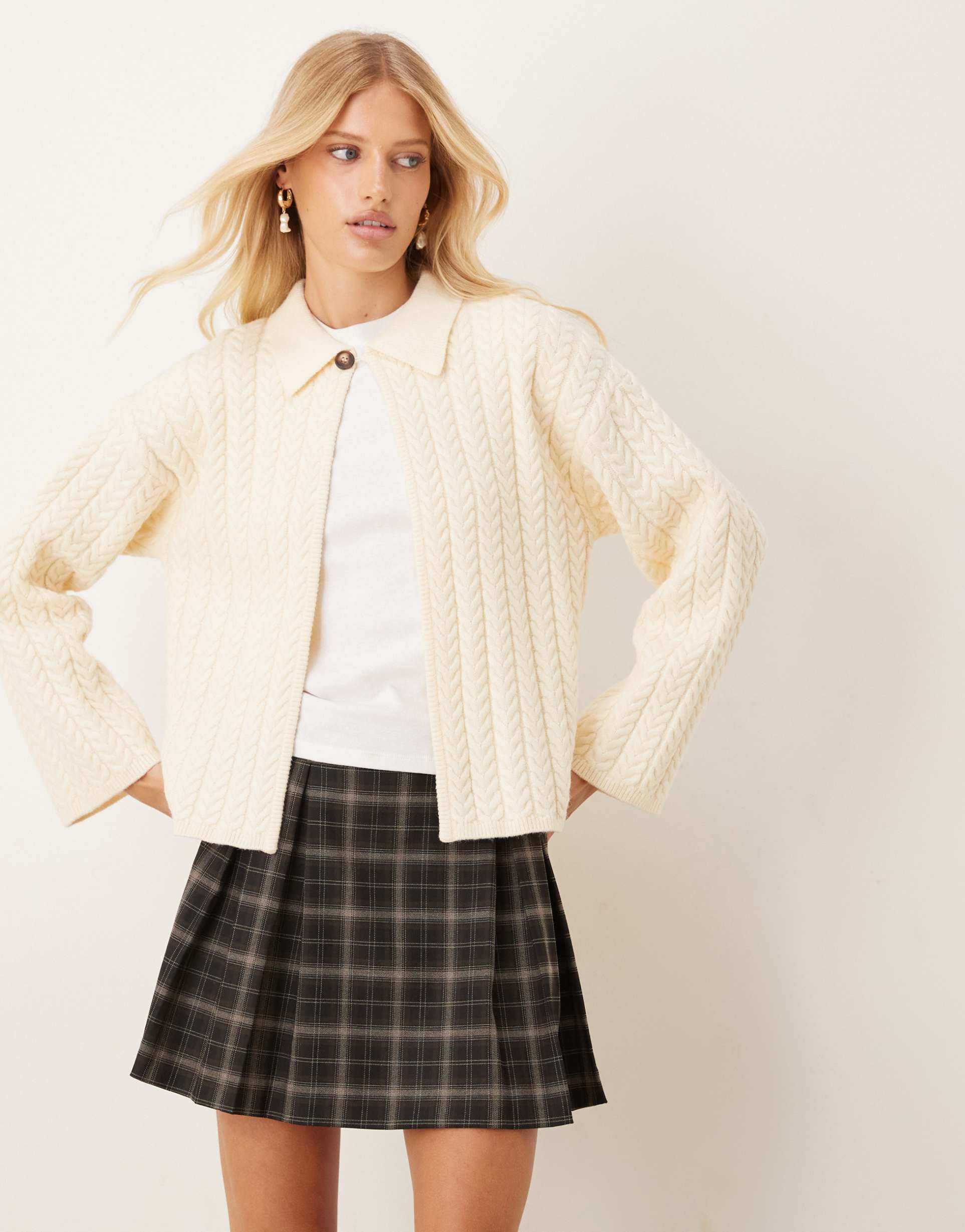 gina tricot long sleeve cable knit cardigan in cream