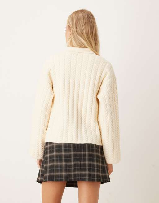 Gina Tricot long sleeve cable knitted cardigan in cream, 3 of 4