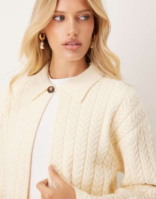 Gina Tricot long sleeve cable knitted cardigan in cream ASOS