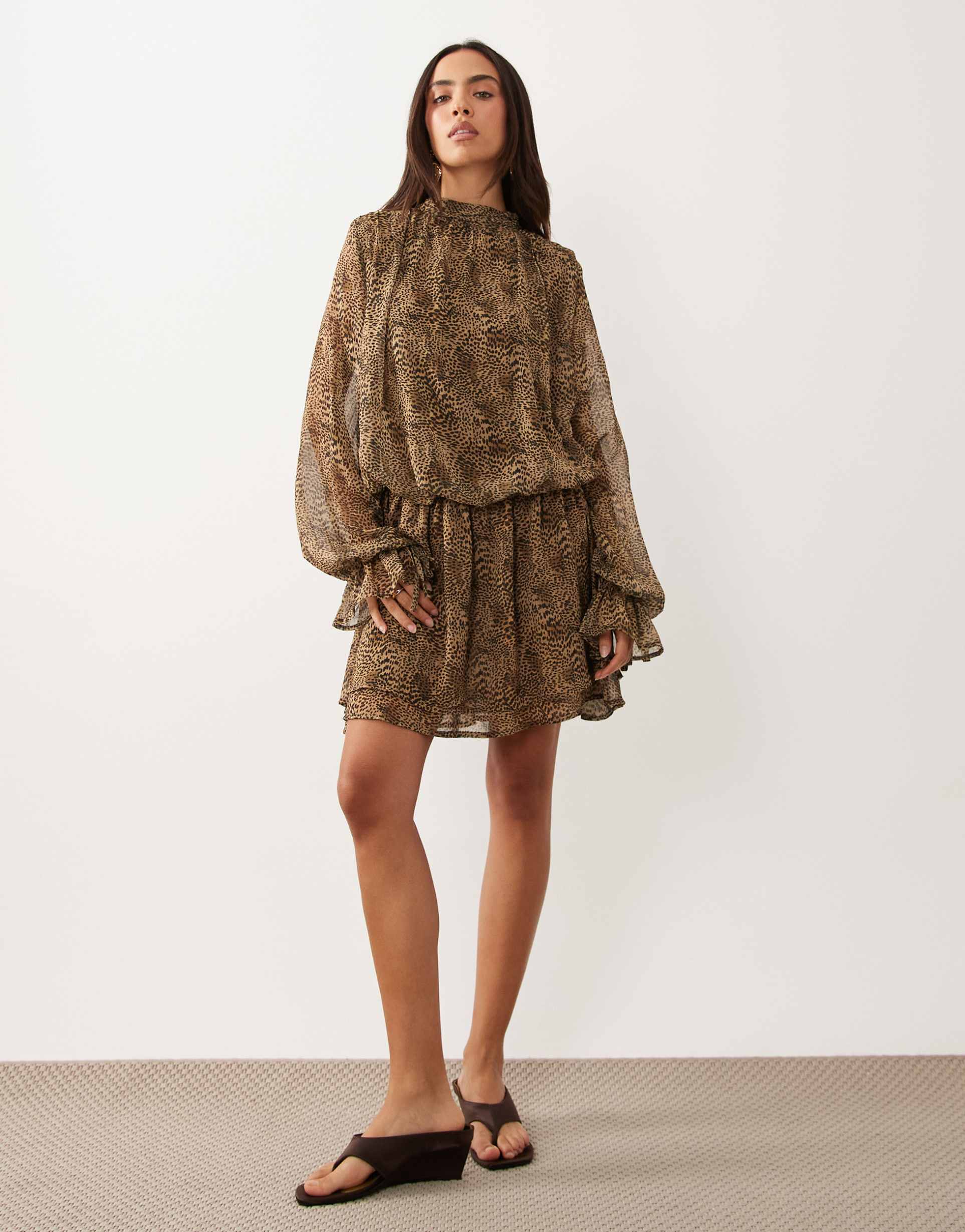 gina tricot long sleeve chiffon mini dress in brown leopard print