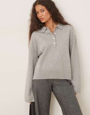 Gina Tricot Long Sleeve Collar Knit Sweater In Gray