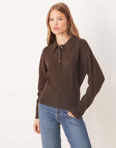 Gina Tricot long sleeve collar knitted jumper in dark brown - view 1