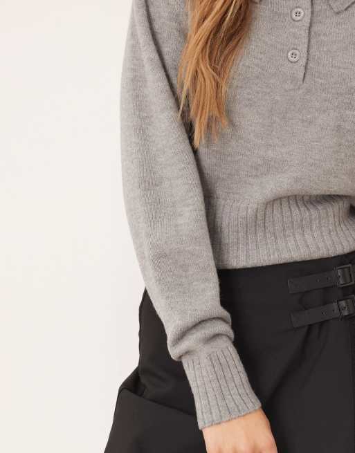 Gina Tricot long sleeve collar knitted jumper in mid grey melange, 2 of 4