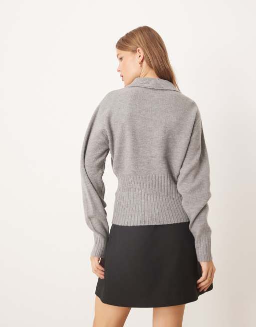 Gina Tricot long sleeve collar knitted jumper in mid grey melange, 3 of 4