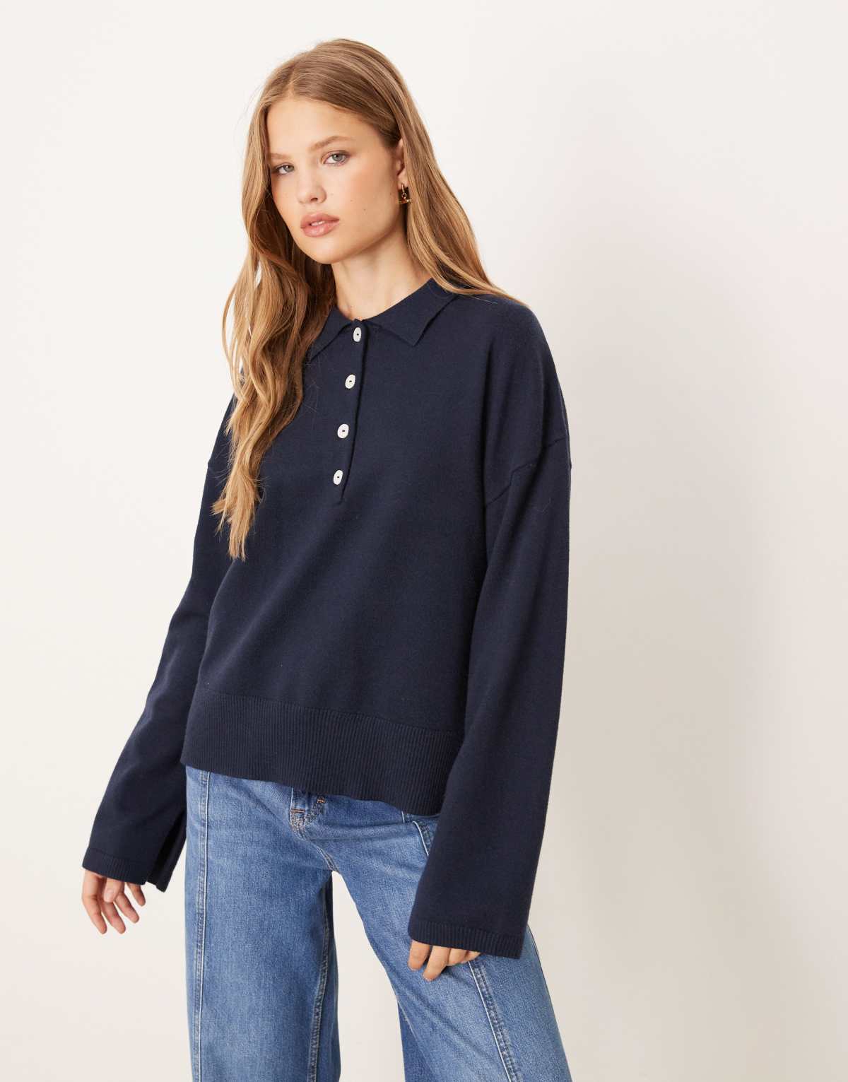 Gina Tricot long sleeve collar knitted sweater in navy blue