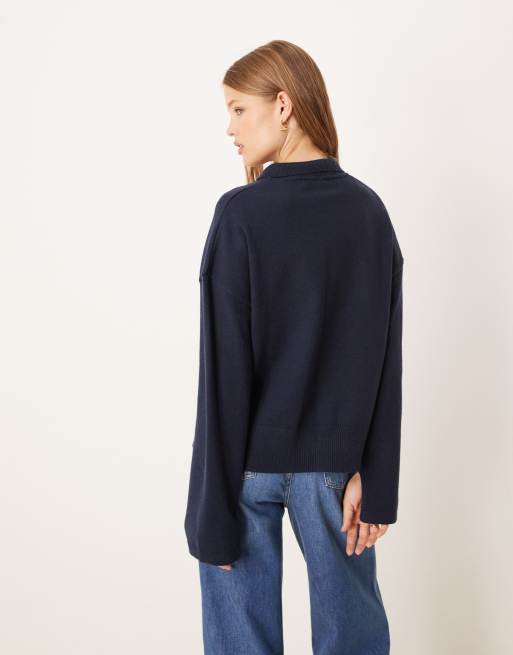 Gina Tricot long sleeve collar knitted sweater in navy blue, 3 of 4