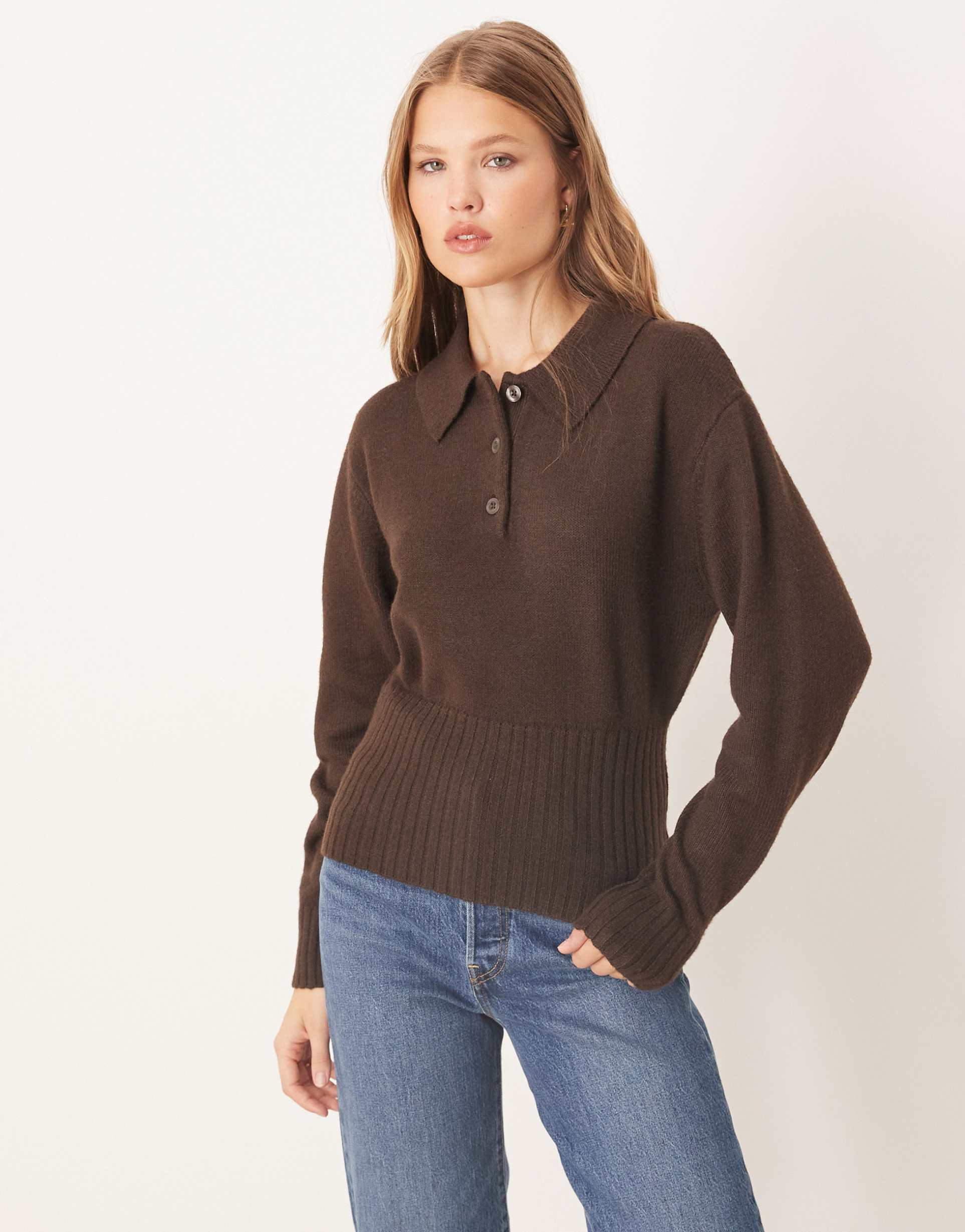 gina tricot long sleeve collared knit sweater in dark brown