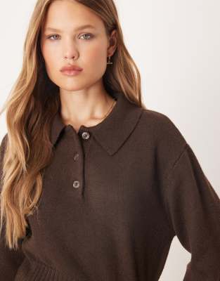 Gina Tricot Long Sleeve Collared Knit Sweater In Brown