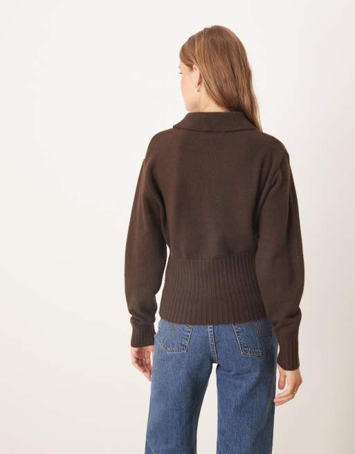 Gina Tricot long sleeve collared knit sweater in dark brown