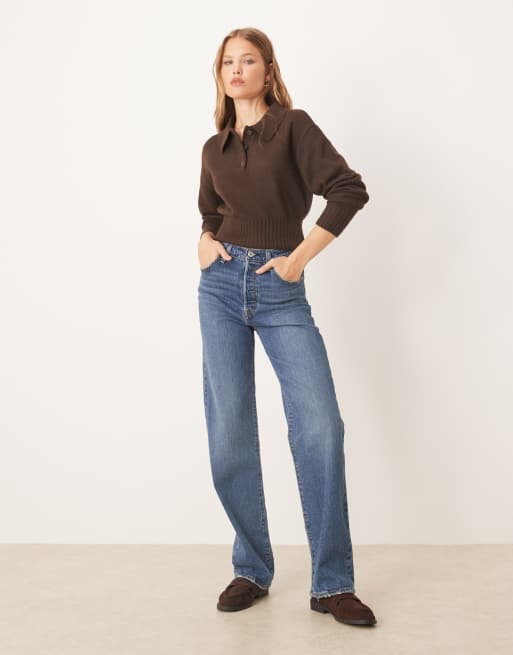 Gina Tricot long sleeve collared knit sweater in dark brown
