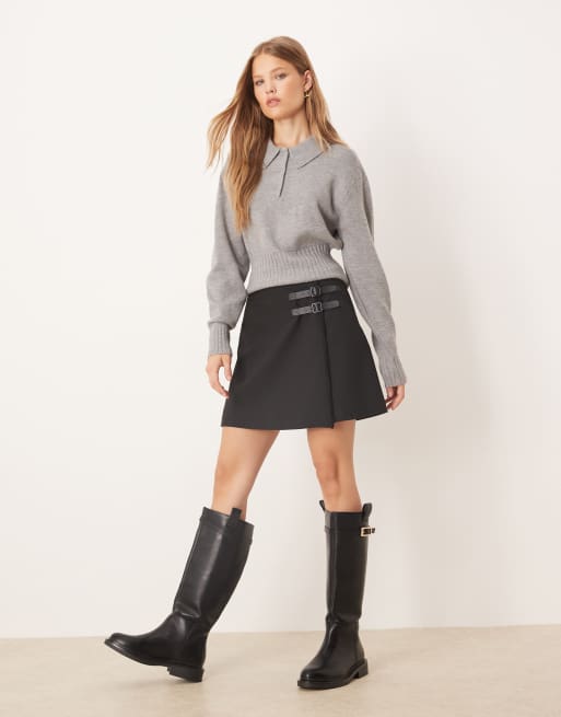 Gina Tricot long sleeve collared knit sweater in mid heather gray