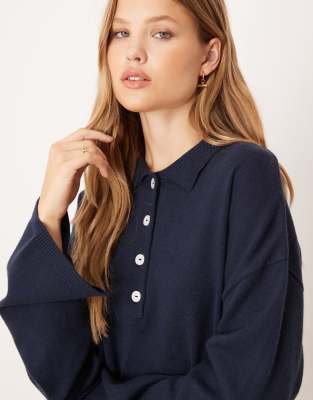 Gina Tricot Long Sleeve Collared Knit Sweater In Blue