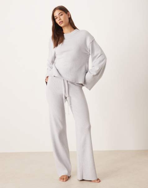 Gina Tricot long sleeve crew neck fine knit set in light heather gray - view 1