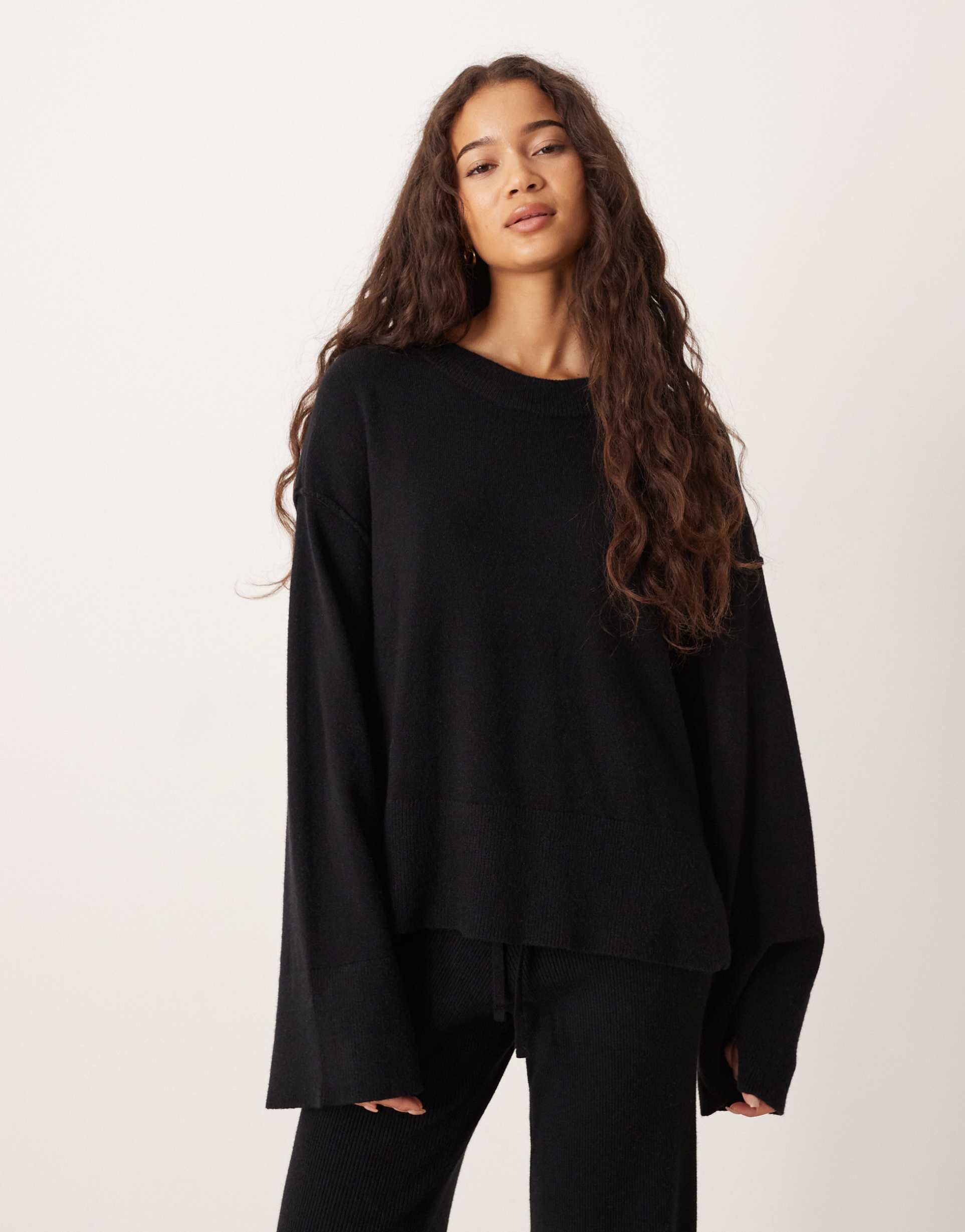gina tricot long sleeve crew neck fine knit sweater in black - part of a set
