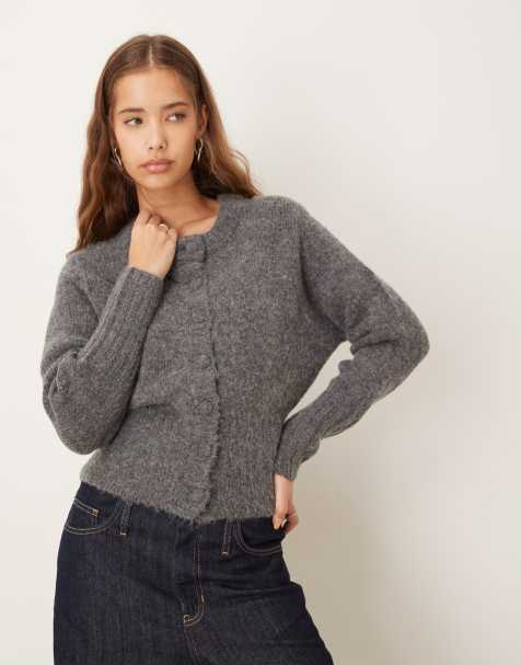 Gina Tricot long sleeve crew neck wool alpaca blend cardigan in dark heather gray - view 1
