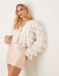 [GINA TRICOT] Gina Tricot long sleeve cropped flounce ruffle blouse with tie front in off white L Off White