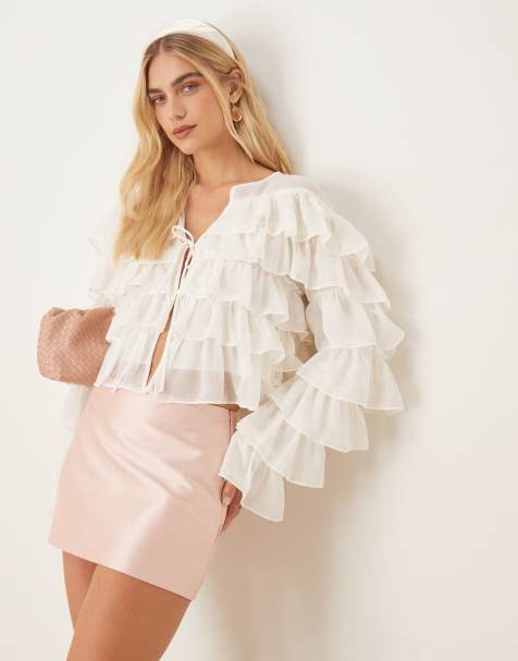 Gina Tricot long sleeve cropped flounce ruffle blouse with tie front in off white