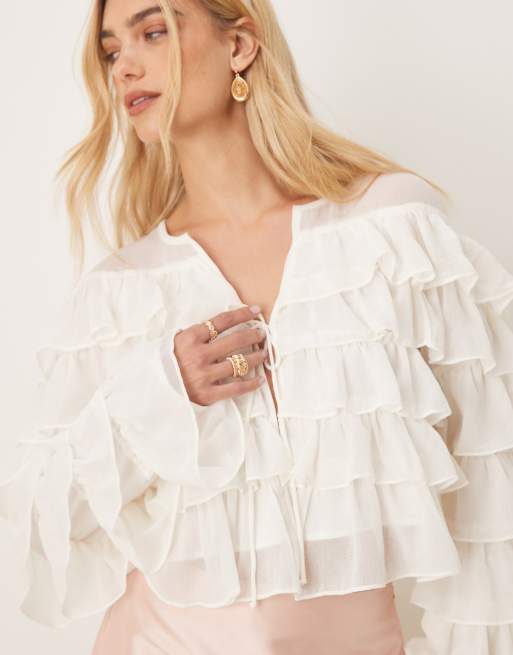 Gina Tricot long sleeve cropped flounce ruffle blouse with tie