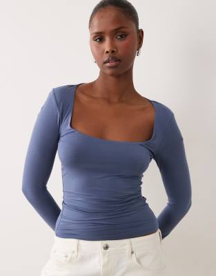 Gina Tricot Long Sleeve Deep Scoop Neck Top In Blue