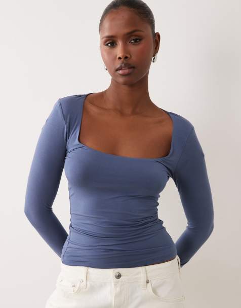 Gina tricot long sleeve deep scoop neck top in dusty blue - view 1