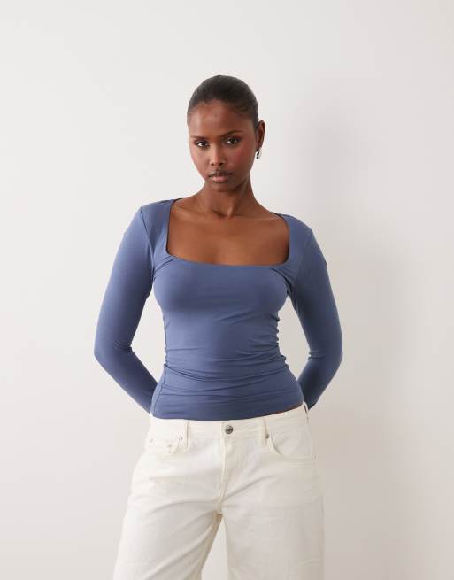 Gina tricot long sleeve deep scoop neck top in dusty blue, 4 of 4