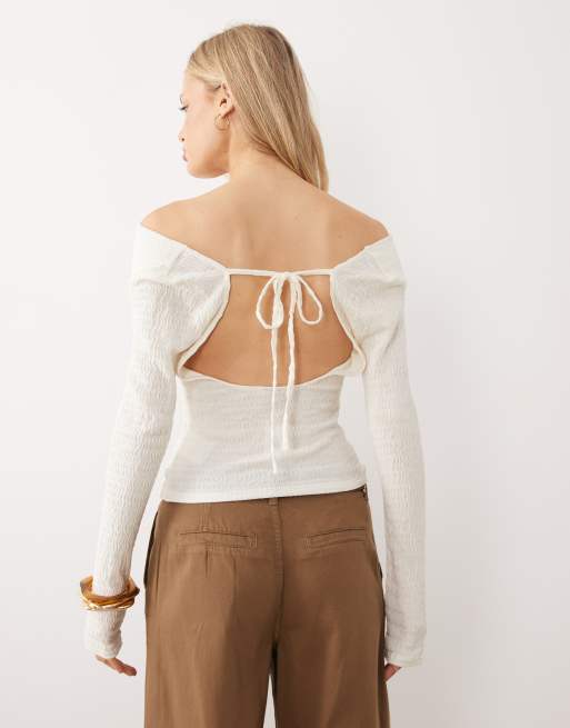 Gina Tricot long sleeve drapey open back top in cream, 2 of 4