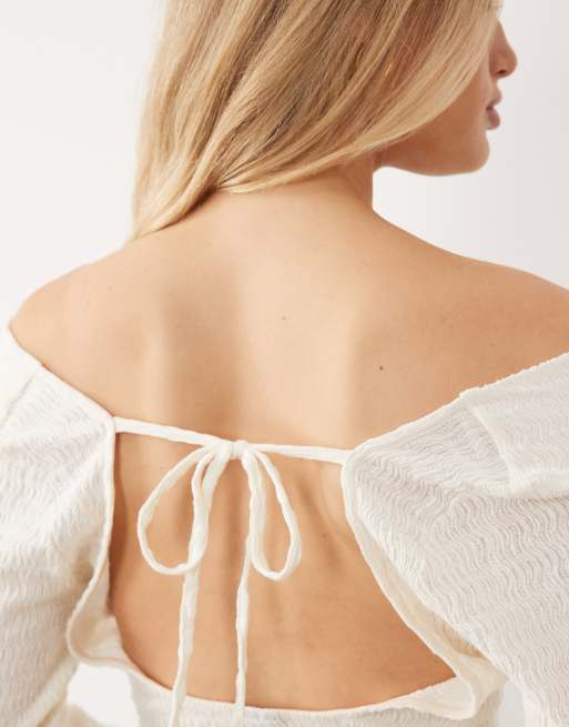 Gina Tricot long sleeve drapey open back top in cream, 3 of 4