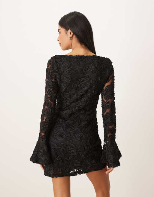 Gina Tricot long sleeve embroidery mini dress with open back in black, 2 of 4