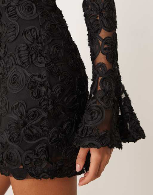 Gina Tricot long sleeve embroidery mini dress with open back in black, 3 of 4