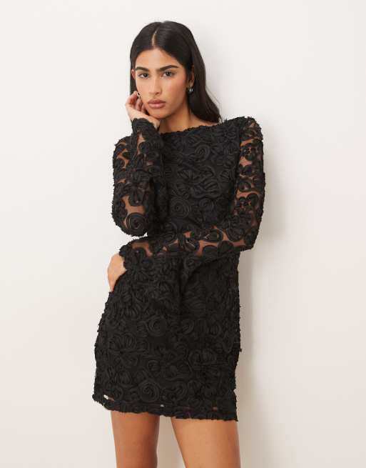 Gina Tricot long sleeve embroidery mini dress with open back in black, 4 of 4