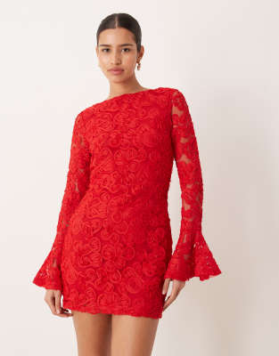 Gina Tricot Long Sleeve Embroidery Mini Dress With Open Back In Red