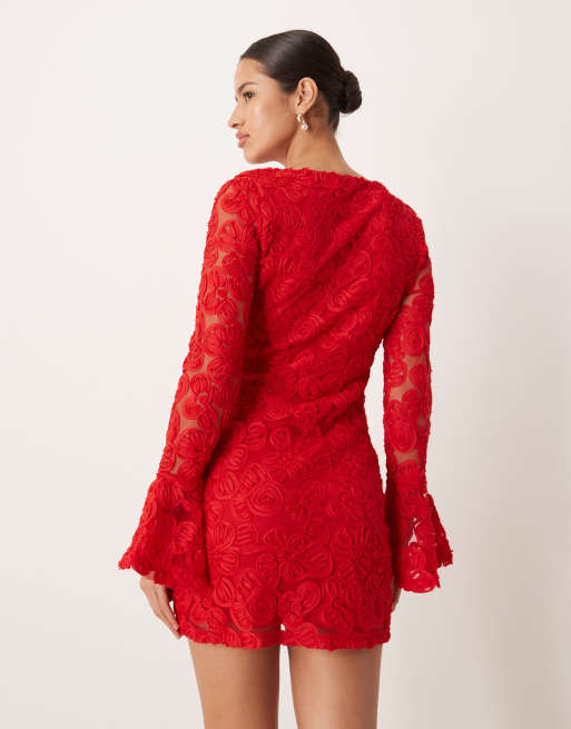 Gina Tricot long sleeve embroidery mini dress with open back in red, 4 of 4