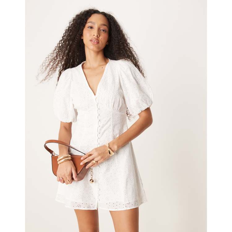 Gina Tricot long sleeve eyelet v neck graduation mini dress in off White