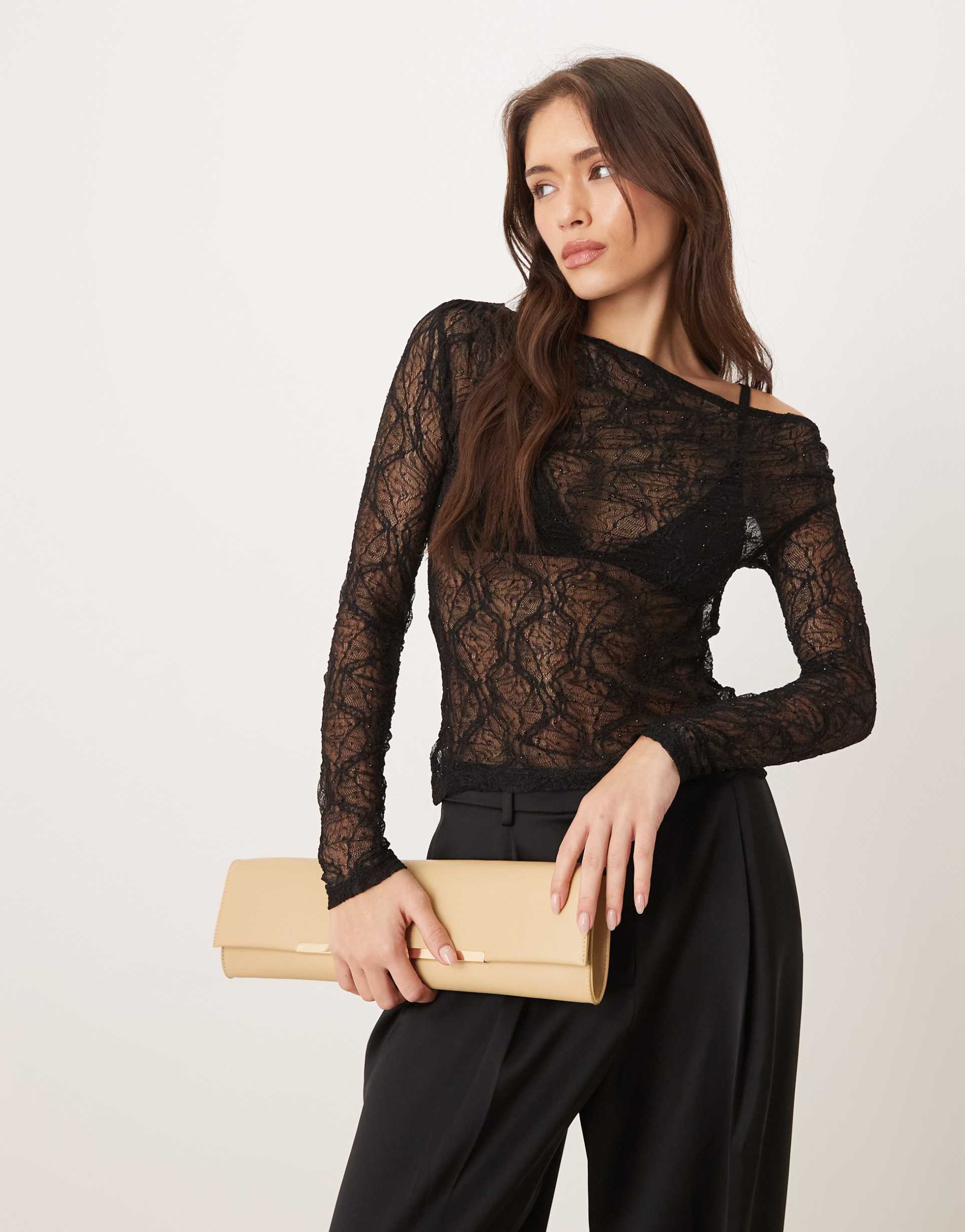 gina tricot long sleeve fallen off-the-shoulder draped rhinestone lace top in black