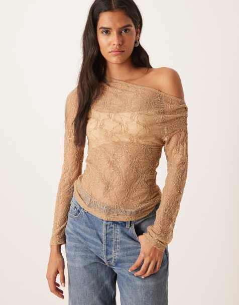Gina Tricot long sleeve fallen off-the-shoulder draped rhinestone lace top in light camel brown - view 1