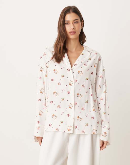 Gina Tricot long sleeve flannel pyjama shirt in white Christmas print